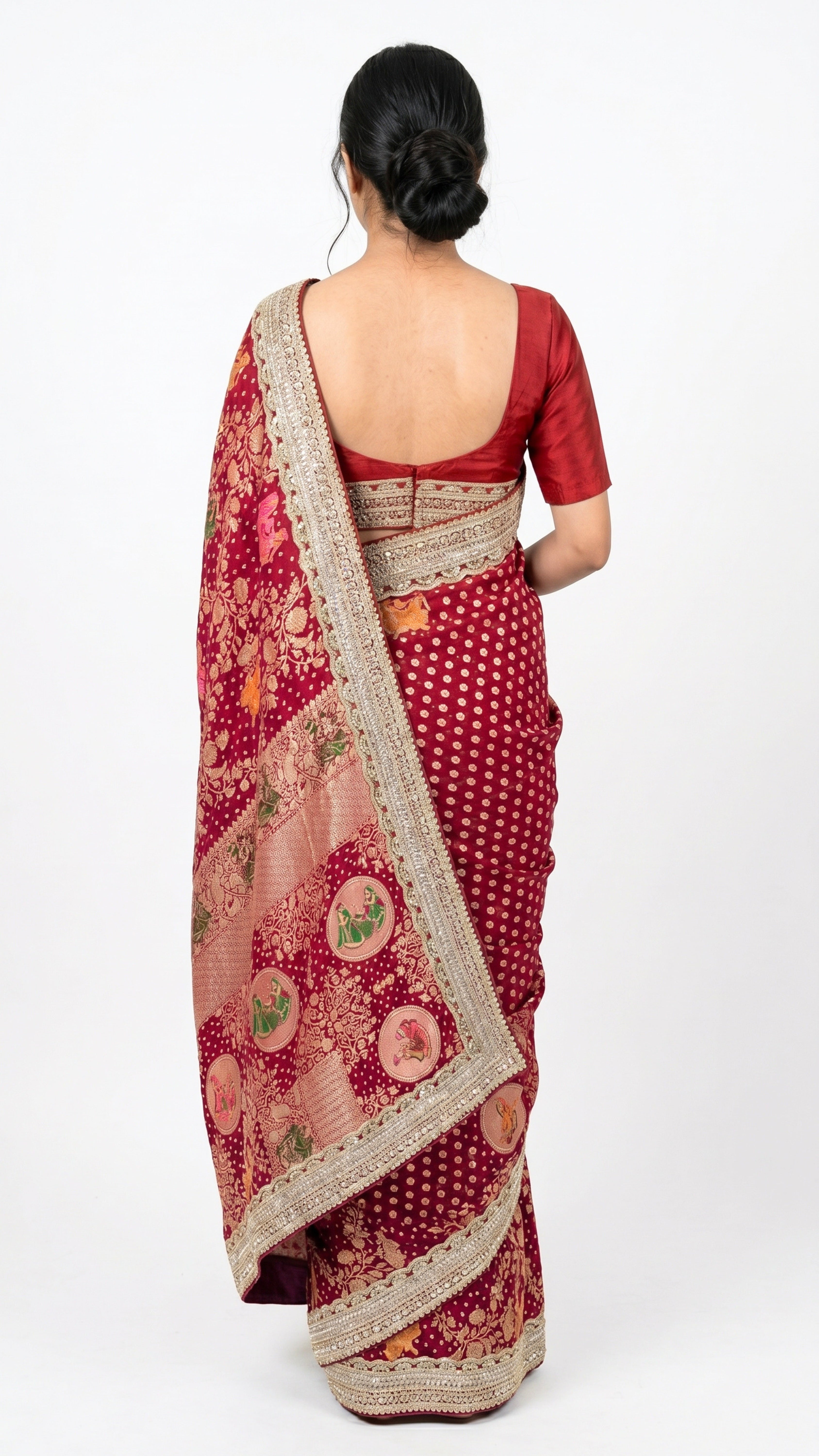 Red Georgette Unstitched Saree with Zari, Cutdana & Sequins Work and Heavy Lace Border